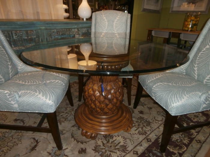 Pineapple pedestal dining table and 2024 chairs